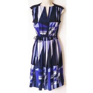 Adrianna Papell V-Neck Sleeveless Career Dress S Blue Geometric Print